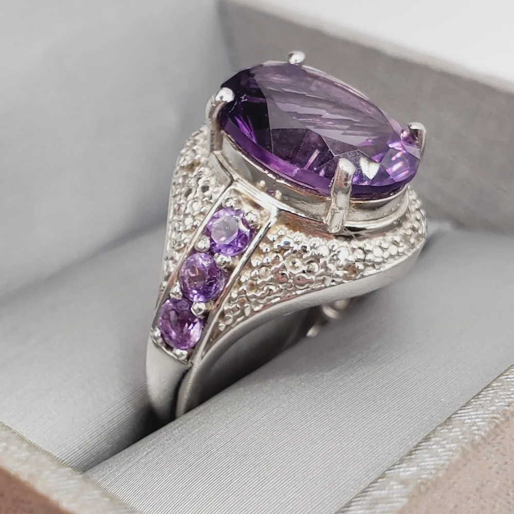 925 Sterling Silver Ring Amethyst Ring Purple Ring Oval Statement Ring size 8
